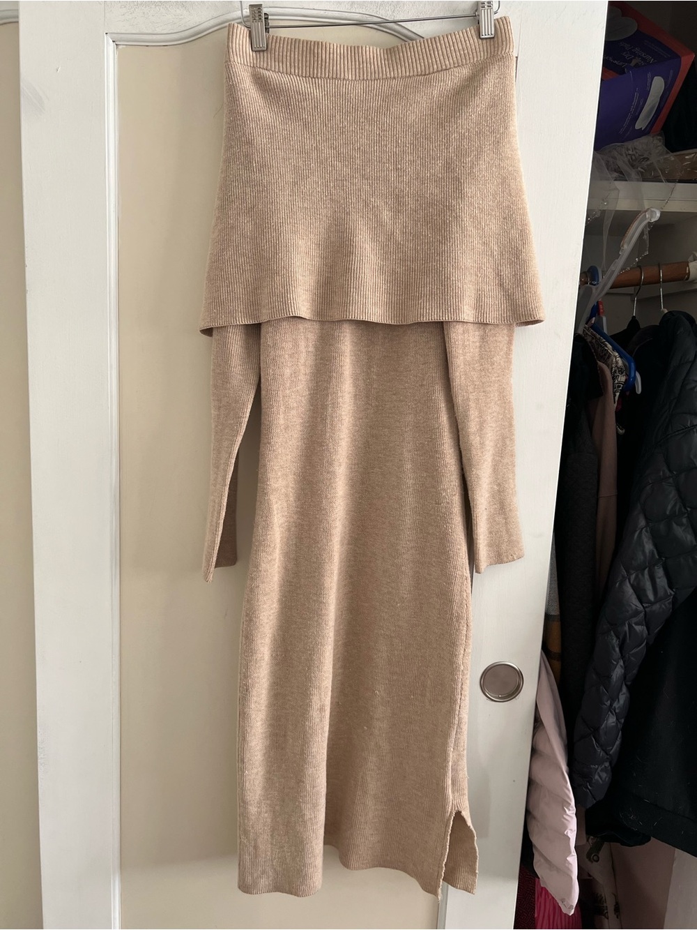 Elliott Off-Shoulder Knit Midi Dress in Beige *Flawed